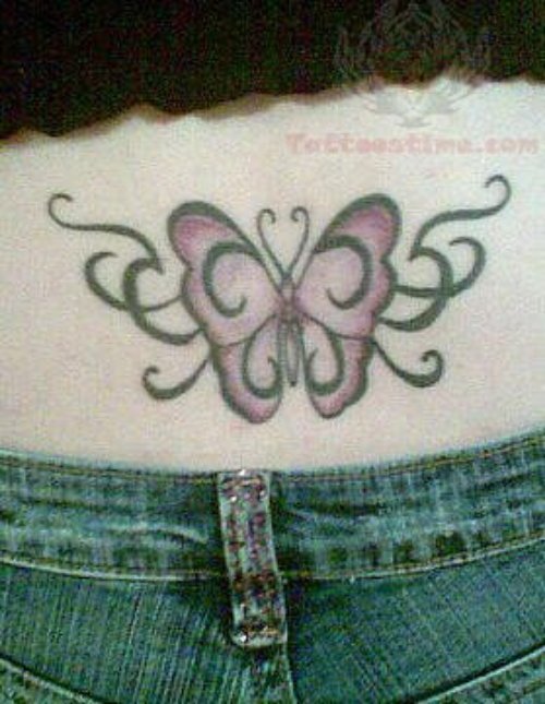 Tribal Butterfly Colored Tattoo on Lowerback